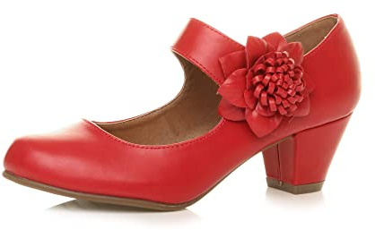 Ajvani, kvinnor, damer, låg block, kitten heel-klack, Mary Jane stil, blomma, läderfodrade arbetsskor, pumps, storlek., Röd, 40 EU