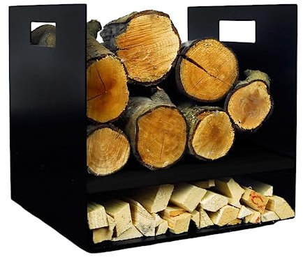 Volcann Compact 32cm Modern Firewood Steel Log Basket/Carrier for Woodstove Fireplace Wood Holder - Great British Made Galvanised Steel - Kindling, Match Storage - Black