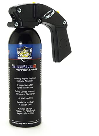 Streetwise 18 Self Defense Pepper Spray - Home Defense - 16-Ounce Lab Certified with Pistol Grip, UV Marking Dye and Safety Lock with Keyring Pin