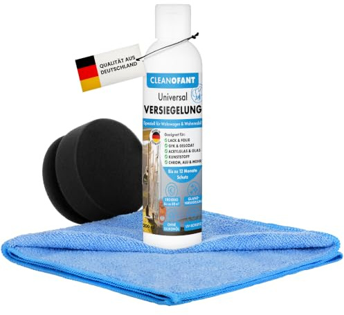 CLEANOFANT Universal VERSIEGELUNG Set für Wohnwagen & Wohnmobil | 200 ml Versiegelung, Schwamm & Poliertuch - Bis 12 Monate Schutz - UV-Schutz - Für Lack, GFK, Gelcoat, Kunststoff & Acrylglas