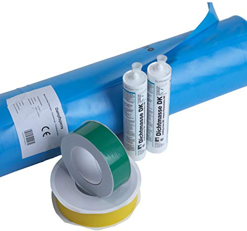 50m² Dampfsperrsystem 5 tlg.- 2x Klebeband 60mm 2x Klebedichtmasse 1x Dampfsperrfolie 4m x 12,5m Dachabdichtung Dampfsperre Dampfbremse Dachfolie Dach abdichten Set Abdichtset