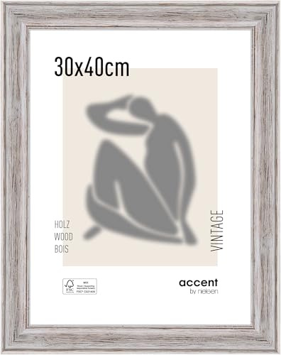 accent by nielsen Holz Bilderrahmen Vintage, 30 x 40 cm, Weiß | Holz Fotorahmen im Hoch- & Querformat zum Aufhängen Weiß gebürstet Echtglas