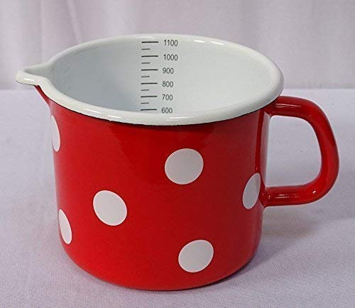 linoows Emaille Milchtopf mit Skala, Messbecher, Schnabeltopf, Tupfen Rot- Weiß 1 Liter