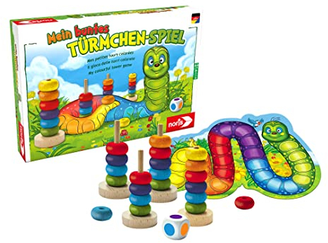 Noris 606011235 Mein buntes Türmchen-Spiel – Farblernspiel mit großer Raupe und Stapelsteinen, Holzspielzeug, 2 – 4 Spieler, für Kinder ab 3 Jahren