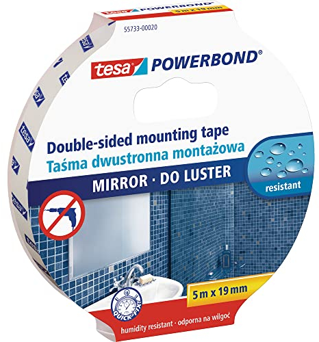 tesa Powerbond Mirror - Double-Sided Mounting Tape for Mirrors - Humidity-Resistant Adhesive Tape for Bathrooms and Showers - 5 m x 19 mm