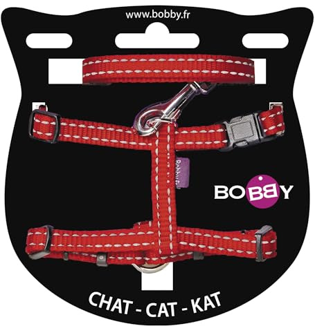 Bobby Safe – Katzengeschirr und Leine, Fluchtschutz, reflektierend, widerstandsfähig, rot, 25–38 x 10 cm