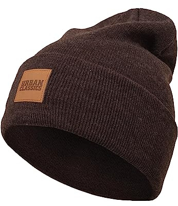 Urban Classics Unisex Strickmütze Leatherpatch Long Beanie Braun (Heather Brown 461), One Size (Herstellergröße: One Size)