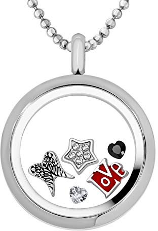 Quiges Médaillon à Mémoire Vivante en Acier Inoxydable 30mm avec Collier 90cm et 5 Charms Flottantes Set