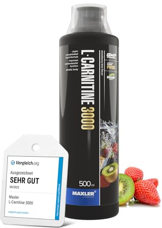 Maxler L-Carnitine 3000 - Erdbeere-Kiwi - 500ml - Hochdosiertes L Carnitin Liquid - Vegane Nahrungsergänzuing - 3000mg Wirksotff pro Portion - 20 Portionen - Inklusive Messbecher