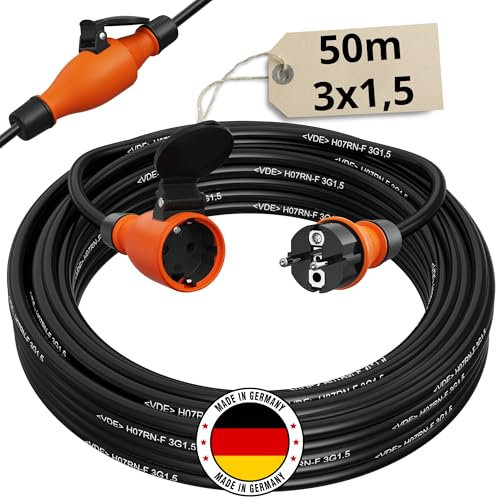 Verlängerungskabel 50 Meter IP54 Außen Verlängerung 50m Stromkabel Außenbereich Kabel Strom Verlaengerungskabel Gummikabel H07rn-F 3x1,5 Schuko Outdoor Extension Cord