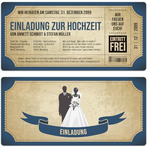 Kartenmachen.de Personalisierte Einladungskarten zur Hochzeit (ab 10 Stück Sets selbst gestalten) als Eintrittskarte mit echtem Abriss im Vintage Ticket Look Hochzeitskarten in Blau