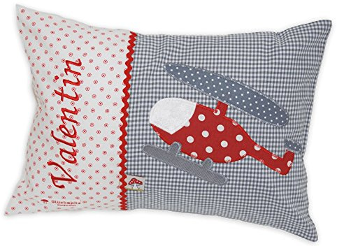 Glückspilz Namenskissen Babykissen I Hubschrauber I mit Namen personalisiert I Geschenk zu Geburt, Taufe oder Geburtstag I Rot Grau