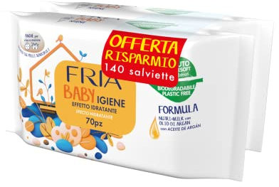 FRIA Baby Igiene Pacco scorta - Salviette Neonato per cambio pannolino, con Olio di Argan – Effetto Idratante - Tessuto Biodegradabile - PLASTIC FREE - Formato: 2 confezioni da 70 salviette.