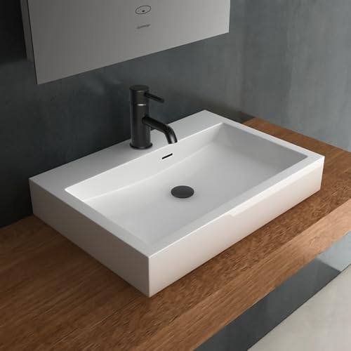 Alpenberger Gäste WC Waschbecken 60 cm Breit Ausgussbecken | Mineralguss Aufsatzwaschbecken mit Hahnloch | Handwaschbecken mit Integriertem Überlauf | Eckiger Bad Waschtisch Aufsatz Becken
