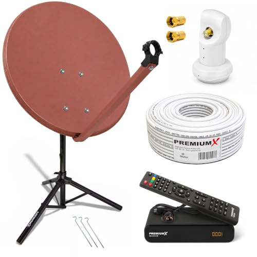 PremiumX Satelliten-Komplettanlage 80cm Satellitenschüssel Ziegelrot Single LNB Kabel Dreibein-Stativ FullHD TV SAT-Receiver