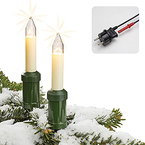 hellum Lichterkette Weihnachtsbaum, Made in Germany, Schaftkerzenkette mit Clip, 20 Lichter, beleuchtete Länge 19 m, Kabel schwarz, warmweiß, für Außen, teilbarer Stecker, kein LED <59lm 845501