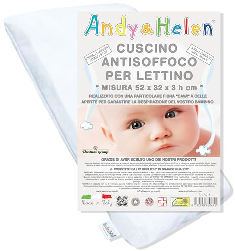 ANDY & HELEN® - Cuscino Lettino Bambino Antisoffco per lettino con sbarre con fodera in Cotone OEKO-TEX® - 52x32x3 cm
