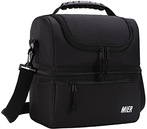 MIER Kühltasche isolierte Lunch-Tasche Leichte Picknicktasche tragbare Kühltasche Doppeldeck-Design ideal für die Schule, Arbeit, Reise, Picknick, Grillen oder als Babynahrungstasche-Schwarz