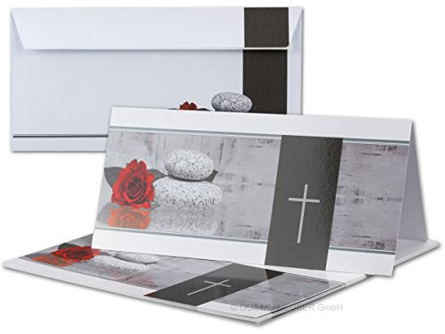 25x Trauerkarten Set mit Umschlägen DIN LANG - Motiv Rose Stein Trauerkreuz - Danksagungskarten Trauer Ohne Fenster - würdevolle Doppelkarten