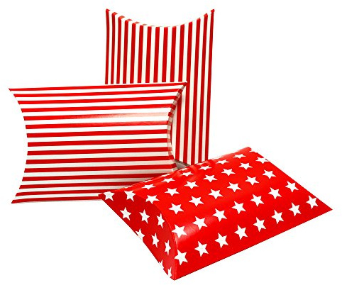 Frau WUNDERVoll® 24 KISSENSCHACHTELN MIX ROT Sterne / Streifen 21x12cm (flach), 15x12x4,5cm (gefaltet), 250 Gramm Papier / Kissenverpackungen, Pillow box, Faltverpackung, Geschenkverpackung, Gastgeschenk, Hochzeit