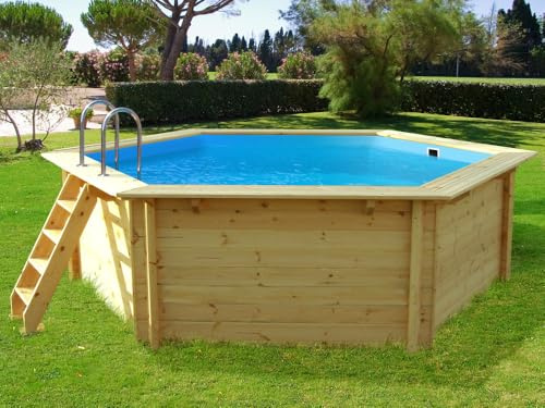 Habitat et Jardin - Piscine Bois Scandinave Ronde Hexagonale Hawai Ø 4,10 x H 1,18 m - Filtration à Cartouche 4 m3/h - Piscine de Jardin Octogonale Hors Sol, Semi-enterrée ou Enterrée