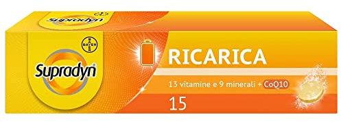 Supradyn Ricarica Integratore Multivitaminico Alimentare Completo con Vitamina A, B, C, D, E, K, Minerali e Coenzima Q10, contro Stanchezza Fisica e Mentale, 15 Compresse Effervescenti, Gusto Arancia