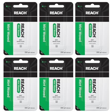 REACH Waxed Dental Floss, Mint, Plaque Remover for Teeth, Shred Resistant, Floss Slides Smoothly, Easy to Use, Waxed, Deep Cleaning Teeth, Oral Care, PFAS Free, for Adults & Kids, 6 Pack, 200 yd