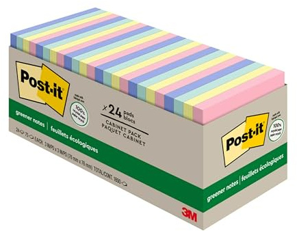Post-it Greener Notes, 3x3 in, 24 Pads, America's #1 Favorite Sticky Notes, Sweet Sprinkles Collection, Pastel Colors, Clean Removal, 100% Recycled Material (654R-24CP-AP)