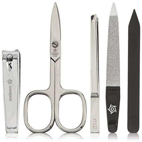 Pfeilring Manicure-Etui aus Boxkalbleder, 5-teilige Nickelfüllung (Nagelfeile, Pinzette, Doppelinstrument, Nagelknipser, Nagelschere), dunkelbraun, 1er Pack (1 x 5 Stück)