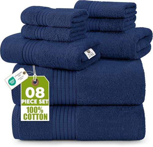 Utopia Towels 8 Piece Premium Towel Set, 2 Bath, 2 Hand, and 4 Washcloths, 100% Ring Spun Cotton, Highly Absorbent Towels for Bathroom, Sports, and Hotel, Navy