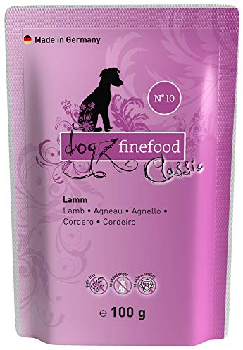dogz finefood Hundefutter nass - N° 10 Lamm - Feinkost Nassfutter für Hunde & Welpen - getreidefrei & zuckerfrei - hoher Fleischanteil, 12 x 100 g Beutel