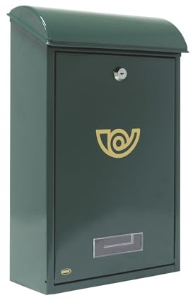 Amig - Buzón Exterior de Pared - Tamaño Compacto para DIN A4 - Apertura Frontal con Cerradura - Acero - Verde - Fácil de Instalar en Puertas o Verjas - 40 x 24 x 8 cm