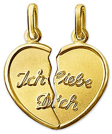 CLEVER SCHMUCK Goldener Partneranhänger kleines geteiltes Herz 16 x 17 mm geteilt Ich Liebe Dich, innen matt, Rand glänzend 333 Gold 8 Karat im Etui