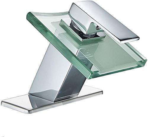 BWE Waterfall Bathroom Faucet Chrome Glass Spout Bathtub Sink Faucets with Supply Lines Single Handle Single Hole Modern Lavatory Vanity Bath Mixer Tap