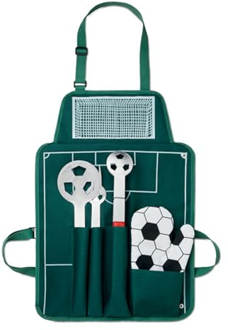 Delantal de barbacoa con juego completo de cubiertos y guante de horno para aficionados al fútbol