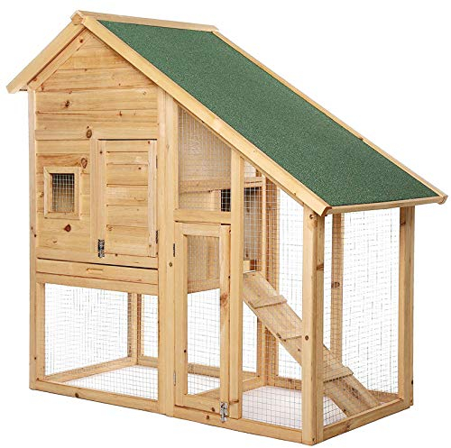 lionto Kaninchenstall aus Holz auf Zwei Etagen mit Rampe, 140x65x119 cm, wasserabweisendes Bitumendach & Drahtgitter, Hasenstall Winterfest für draußen mit 2 Eingängen & herausnehmbarer Schublade