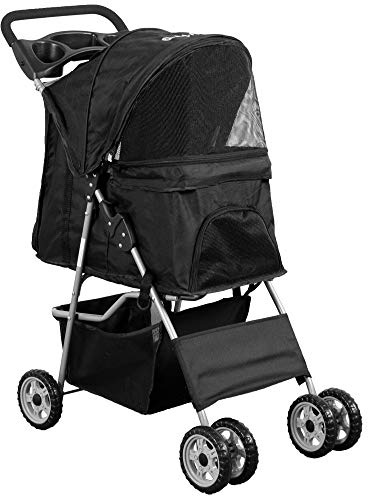 VIVO Black 4 Wheel Pet Stroller for Cat, Dog and More, Foldable Carrier Strolling Cart, STROLR-V001K