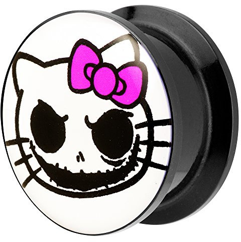 Piersando Ohr Plug Piercing Kunststoff Motiv Comic Picture Flesh Tunnel Ohrplug mit Death Horror Kitty Katze Schwarz Weiß Pink 14mm