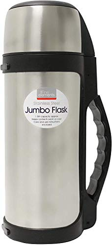 Fine Elements KF1013 1.5 Litre Jumbo Vacuum Flask Set Steel with Wide Neck Mechanism Push Button Pourer,Silver