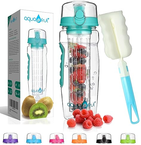 AquaFrut - Borraccia sportiva con infusore per frutta, senza BPA, con coperchio ribaltabile e beccuccio, a prova di perdite, realizzata in Tritan resistente, con eBook di ricette incluso (lingua