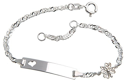 Silberketten Store Baby- & Kinder ID Armband Singapur Herz mit Kleeblatt-Anhänger inkl. Gravur & Geschenksäckchen I aus 925 Silber I nickelfrei allergiker-geeignet I 10 Schriftarten I 13 cm