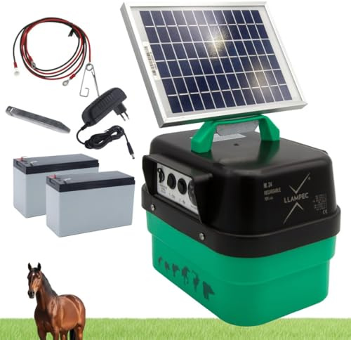 Llampec Pastor Eléctrico Solar 24S con 2 Baterías 12 V 7Ah y Panel Solar Incluidos – 3,5 J - 10.000 V - 35 km de Alcance – Cerca Eléctrica Para Ganado, Caballos, Ovejas y Perros – Fabricado en España