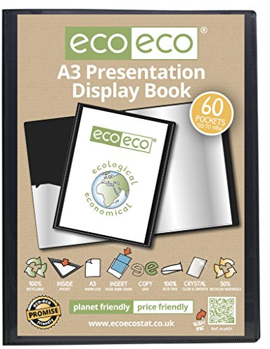 eco-eco 100 % recyceltes Schreibpapier / Präsentationsbuch, Schwarz, A3 60 Pocket, 120 Sichtfenster, 4 Stück, A3 60 Pocket/120 Sichtfenster, 4 Stück, Schwarz, A3 60 Pocket/120 View Pack of 4