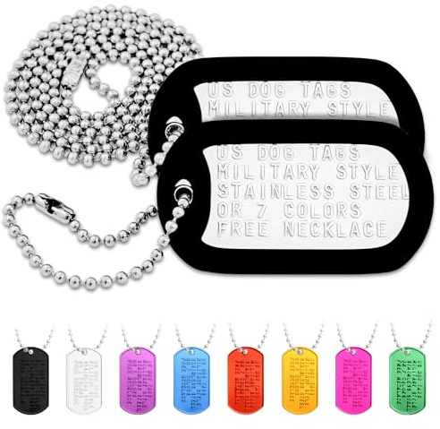 GoTags Personalized Dog Tags, Custom US Military ID Necklace Set , Steel Ball Chain and Tag Silencers, Stainless Steel, Black, Blue, Green, Gold, Pink, Purple, or Red