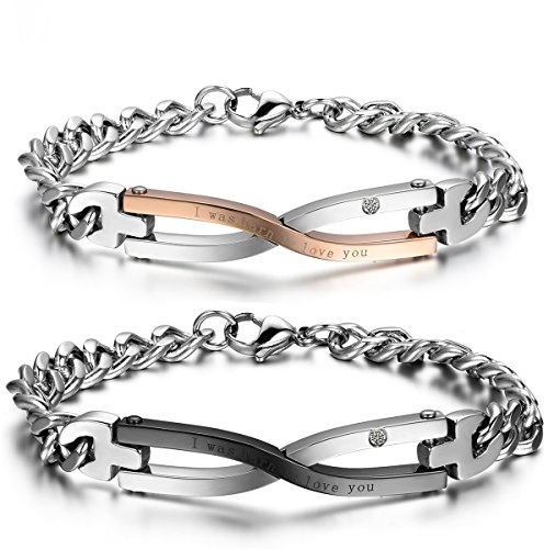 JewelryWe Personalisiert Paar Armband Edelstahl: Herren Damen Partnerarmband Freundschaftsarmband mit Gravur Valentinstag Pärchen Geschenk Zirkonia Glänzend Poliert Panzerkette Schwarz Rosegold Silber