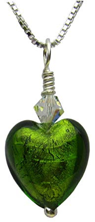 Peridot Green Murano Glass Heart, 12mm Sterling Silver Necklace. Gift Wrapped. Handmade UK