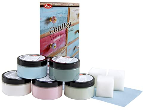 Viva Decor® Chalky Vintage-Look Set (Starter-Set, 5 x 90ml) dekorative Lasuren - Vintage Kreidefarbe für Shabby Chic - Chalk Paint für Innen und Außen - Made in Germany