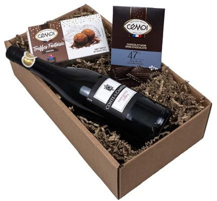 The Wine Guys Präsentkorb „Gaumenfreude“ Italienischer Rotwein Sangiovese und französische Schokoladentrüffel und Vollmilchschokolade als Geschenkset