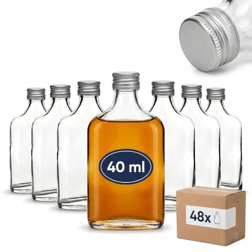 gouveo Set da 48 mini bottiglie in vetro tipo fiaschetta (0,04 l) con tappo a vite PP18, flaconi rettangolari piatti per liquori, assaggi e porzioni (FF040S)