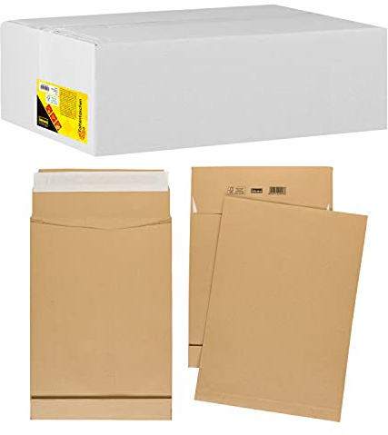 Idena 10253 - Versandtaschen DIN B4, 100 Stück haftklebend, Faltentaschen mit 4 cm Bodenfalte, Briefumschläge ohne Fenster, aus 150 g/m² FSC-Recycled Papier in Braun
